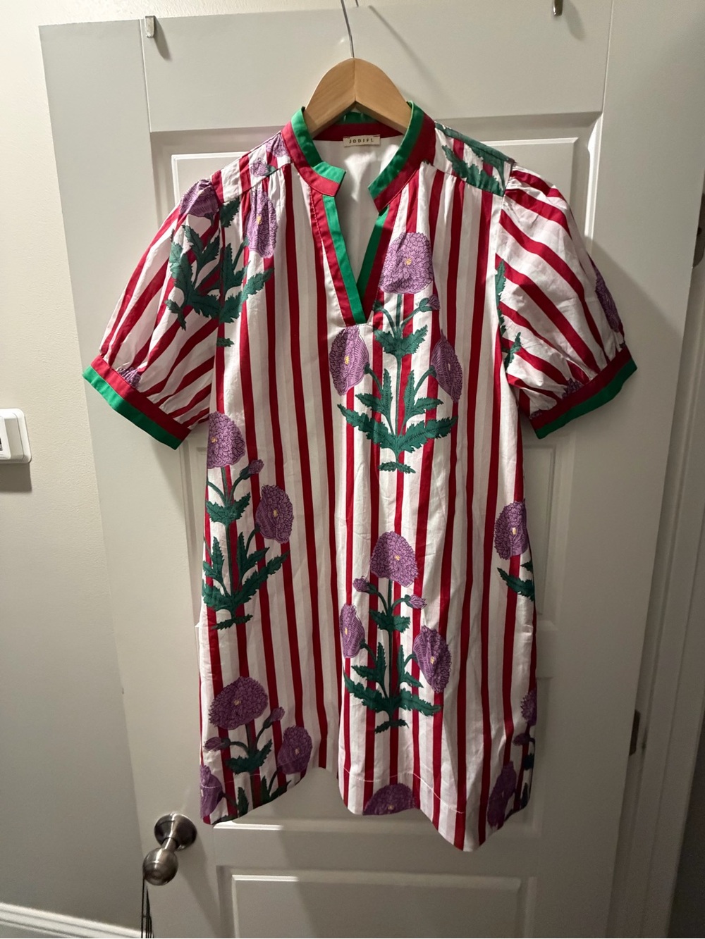 JODIFL Sample Red, White, purple & Green Striped Floral Tunic Dress